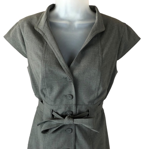 DRESS - Women's Calvin Klein Light Gray Button Front Cap Sleeve Belted Dress. 8 - Picture 4 of 15